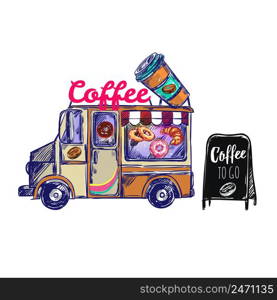 Colored coffee shop outdoor composition with coffee truck and coffee to go on black board vector illustration. Coffee Shop Outdoor Composition