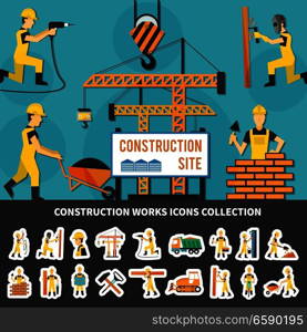 Colored construction worker flat concept with icon set combined in construction site composition vector illustration. Construction Worker Flat Composition