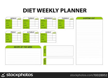 Colored cute diet weekly planner isolated on white background. Food menu plan for diet. Daily schedule template for cooking meals. Week plan low carb menu notes.