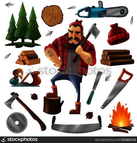 Colored deforestation and lumberjack icon set with tools and equipment for deforestation vector illustration. Deforestation Lumberjack Icon Set