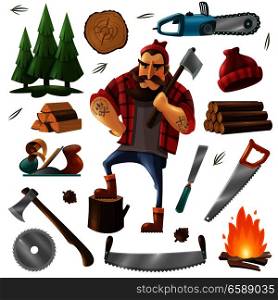 Colored deforestation and lumberjack icon set with tools and equipment for deforestation vector illustration. Deforestation Lumberjack Icon Set