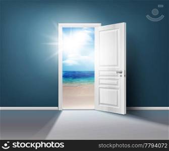 Colored doors nature realistic composition with out of the house on the sunny street vector illustration. Doors Nature Realistic Composition