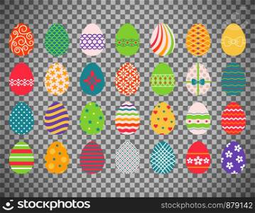 Colored easter eggs or color ostern egg icons with decoration patterns isolated on transparent background vector illustration. Colored easter eggs on transparent background