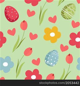 Colored eggs with ornaments, tulips in blossom and hearts, blooming and flourishing plants. Easter holiday, celebration in spring. Seamless pattern, background or print. Vector in flat style. Easter holiday seamless pattern with eggs vector