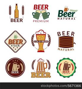 Colored emblems of fresh natural cold premium beer alcohol beverage isolated vector illustration