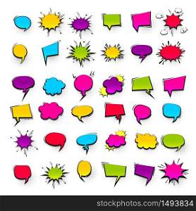 Colored empty speech bubble on white background. Comic text balloon conversation chat. Colored speech text box collection. Pink, blue, green color dialogue halftone style.. Big set hand drawn effects comic speech bubbles