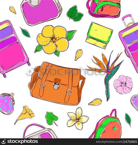 Colored exotic country journey pattern with tropical flowers leaves and travel bags in sketch style vector illustration. Colored Exotic Country Journey Pattern