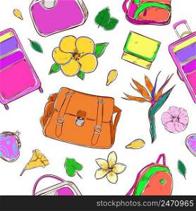 Colored exotic country journey pattern with tropical flowers leaves and travel bags in sketch style vector illustration. Colored Exotic Country Journey Pattern