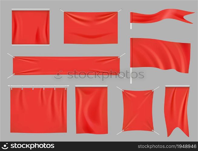 Colored fabric banners. Promotional flag decoration empty textile banners clothes texture vector set. Fashion hanging silk flag, outdoor material advertising illustration. Colored fabric banners. Promotional flag decoration empty textile banners clothes texture vector set