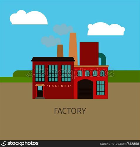 Colored factory building with sky and clouds, vector illustration. Colored factory building illustration