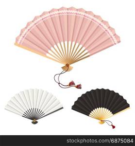 Colored fans isolated on white. Pink, white, black fans isolated on white background, vector illustration