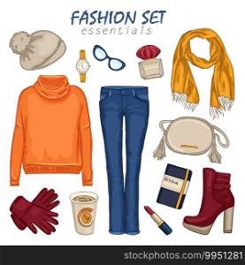 Colored fashionable clothing girl composition with isolated icon set combined in look book