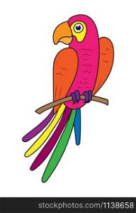 Colored filled outline of a parrot bird on a branch. Isolated on a white background. Flat design for postcards, scrapbooking, coloring books and decoration.
