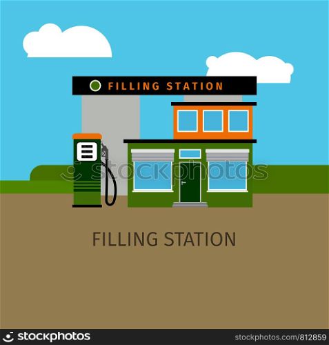 Colored filling station building with sky and clouds, vector illustration. Colored filling station building illustration
