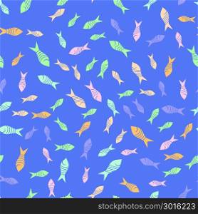 Colored Fish Silhouettes Seamless Pattern on Blue Background. Colored Fish Silhouettes Seamless Pattern