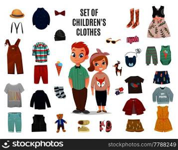 Colored flat children fashion big icon set with set of children clothes headline vector illustration. Children Fashion Big Icon Set