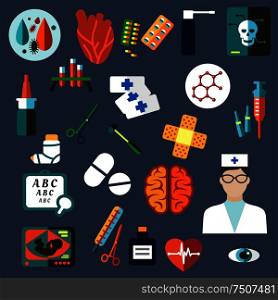 Colored flat hospital, nurse, medical, optician and healthcare icons on blue. Flat medical and healthcare icons