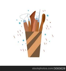 Colored flat illustration of wood tools for pottery and sculpting in cup on abstract background. Hobbies and workshop. Vector cartoon element for greeting cards, labels and your creativity.. Colored flat illustration of wood tools for pottery and sculpting in cup on abstract background. Hobbies and workshop. Vector cartoon element