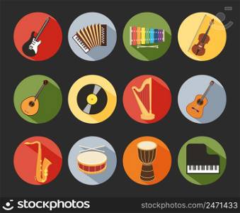 Colored Flat Musical Icons Isolated on Black Background