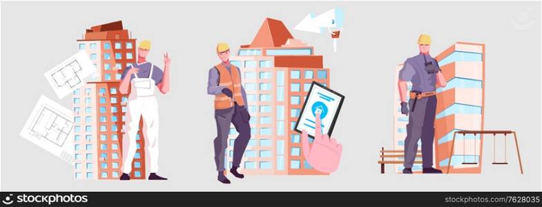 Colored flat new buildings composition three icons with foreman architect and builder vector illustration