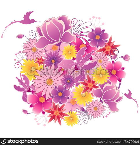 Colored floral background with blooming planet and birds