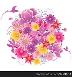 Colored floral background with blooming planet and birds