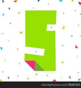 Colored Font, number Five cut from colored paper with bent angle, uppercase. Colored Font, number cut from colored paper with bent angle, uppercase