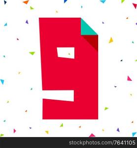 Colored Font, number Nine cut from colored paper with bent angle, uppercase. Colored Font, number cut from colored paper with bent angle, uppercase