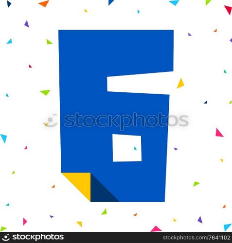 Colored Font, number Six cut from colored paper with bent angle, uppercase. Colored Font, number cut from colored paper with bent angle, uppercase