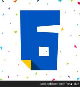 Colored Font, number Six cut from colored paper with bent angle, uppercase. Colored Font, number cut from colored paper with bent angle, uppercase