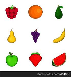 Colored fruit icons set. Cartoon illustration of 9 colored fruit vector icons for web. Colored fruit icons set, cartoon style