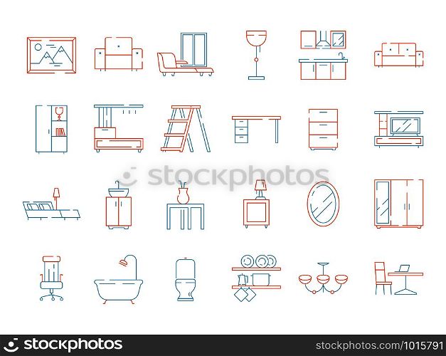 Colored furniture icon. Room interior items chair table bed fireplace home symbols vector thin line pictures. Outline interior, armchair and sofa, chair and table illustration. Colored furniture icon. Room interior items chair table bed fireplace home symbols vector thin line pictures