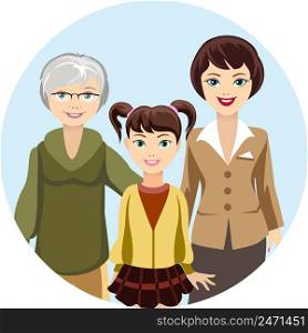 Colored Graphic Design of Cartooned Females in Different Ages - Girl Woman and Granny with Smiling Faces.