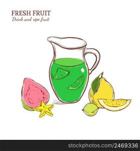Colored hand drawn exotic lemonade concept with jar of beverage guava carambola and quince fruits isolated vector illustration. Colored Hand Drawn Exotic Lemonade Concept