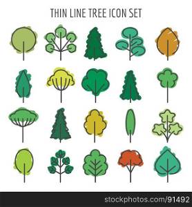 Colored hand drawn tree icons. Colored hand drawn tree icons. Summer green and autumn orange and yellow trees with leaves on branches vector illustration