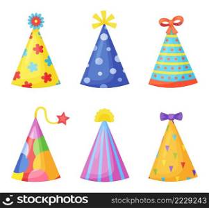 Colored hats for birthday party celebration. Decorative funny dressing for holiday or carnival. Festive caps with flowers, bows and stars for kids entertainment vector set. Bright accessory.. Colored hats for birthday party celebration. Decorative funny dressing for holiday or carnival. Festive caps