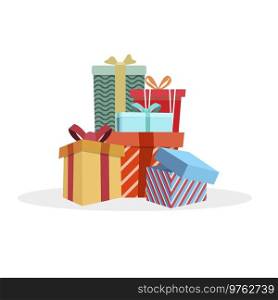 Colored heap gift boxes to holiday like xmas or birthday. Packaging box, to christmas party, surprise and greeting, vector illustration, gift box ribbon. Colored heap gift boxes to holiday like xmas or birthday
