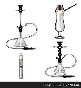 Colored hookah realistic icon set with different styles of hookahs and vape vector illustration. Hookah Realistic Icon Set