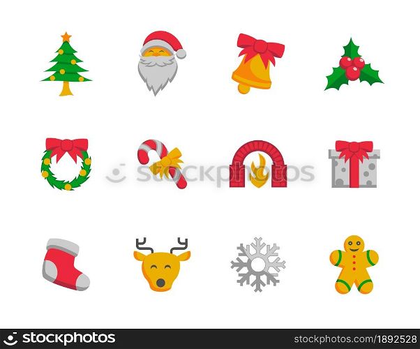 Colored icon set related to Christmas, flat style vector