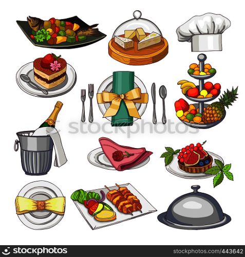 Colored illustration of restaurant food set for design menu template. Color dish food dinner, tasty lunch cake and meat, fruit and fish vector. Colored illustration of restaurant food set for design menu template