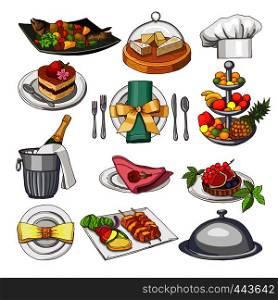 Colored illustration of restaurant food set for design menu template. Color dish food dinner, tasty lunch cake and meat, fruit and fish vector. Colored illustration of restaurant food set for design menu template