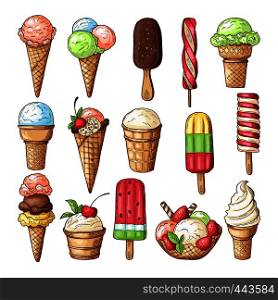 Colored illustrations of ice creams with chocolate, lollipops and strawberry. Vector pictures set of different desserts. Collection of ice cream dessert fresh with strawberry. Colored illustrations of ice creams with chocolate, lollipops and strawberry. Vector pictures set of different desserts