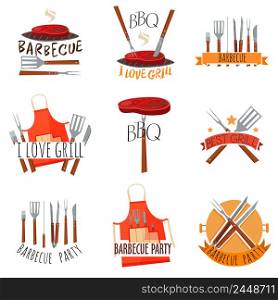 Colored isolated barbecue party label set with barbecue I love grill barbeque party and other descriptions vector illustration. Barbecue Party Label Set