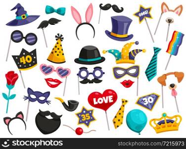Colored isolated photo booth party icon set scattered mustaches masks hats on white background vector illustration. Photo Booth Party Icon Set