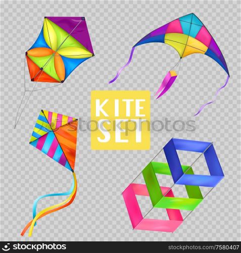 Colored isolated realistic kite transparent icon set with different styles and colors vector illustration
