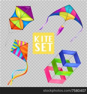 Colored isolated realistic kite transparent icon set with different styles and colors vector illustration