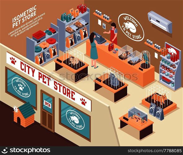 Colored isometric 3d pet shop composition with city pet store and visitors vector illustration. Isometric Pet Shop Composition
