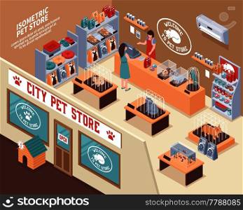 Colored isometric 3d pet shop composition with city pet store and visitors vector illustration. Isometric Pet Shop Composition