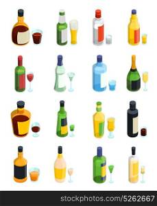 Colored Isometric Alcohol Icon Set. Colored isometric alcohol icon set with isolated bottles and different kinds of glass goblets vector illustration