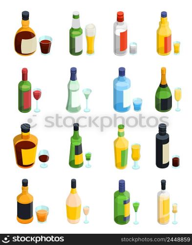 Colored isometric alcohol icon set with isolated bottles and different kinds of glass goblets vector illustration. Colored Isometric Alcohol Icon Set
